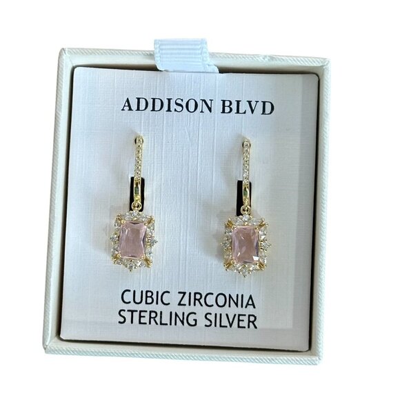 NEW Addison BLVD White + Pink CZ Gold Plate 925 Sterling Silver Drop Earrings - Picture 1 of 4